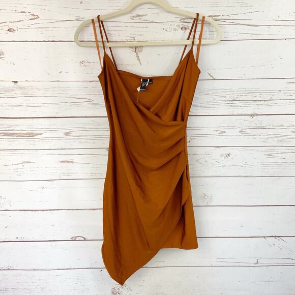 Windsor M Copper Silky Satin Faux Wrap Asymmetrical Spaghetti Strap Mini Dress - Picture 4 of 8